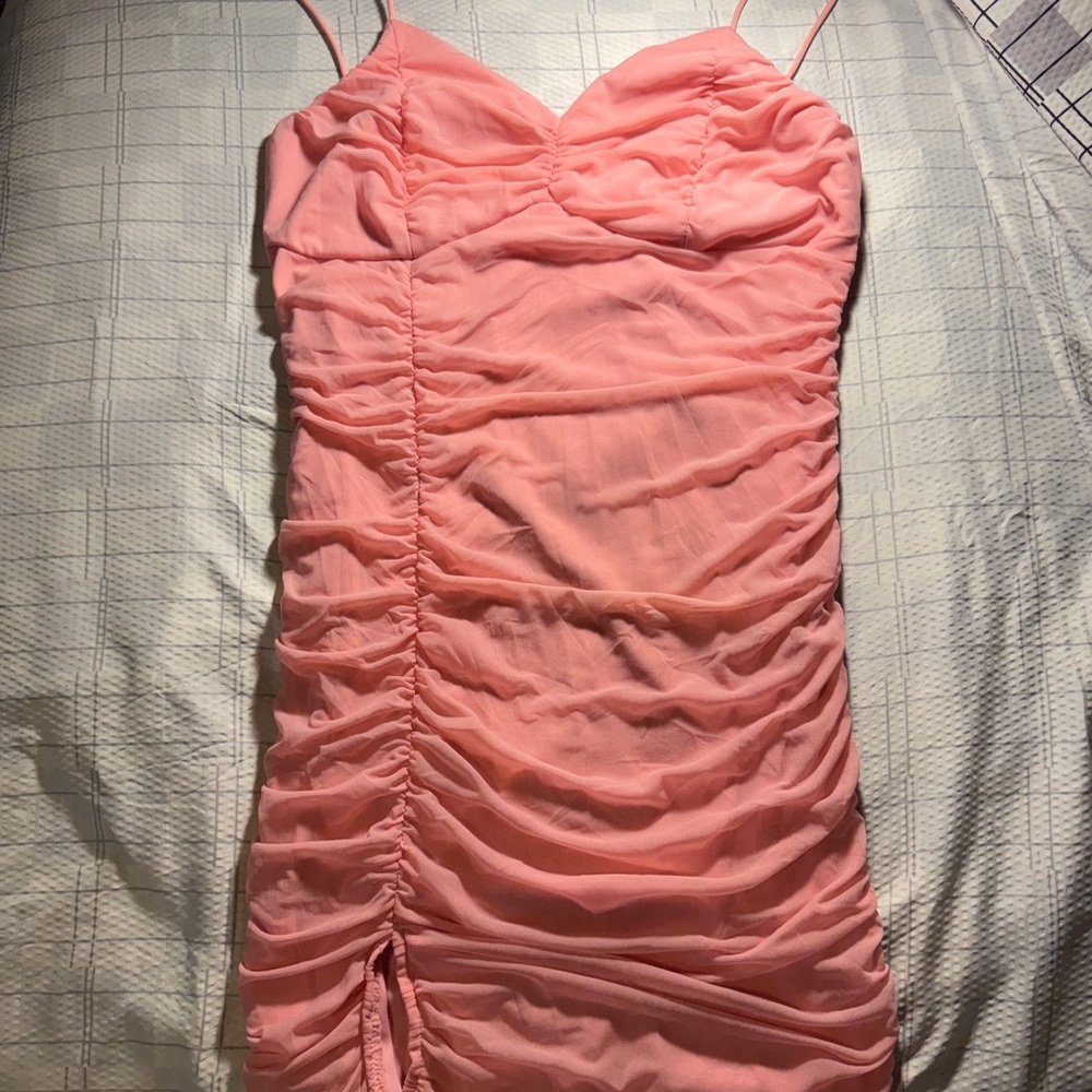 Pink Ruched Spaghetti Strap Dress